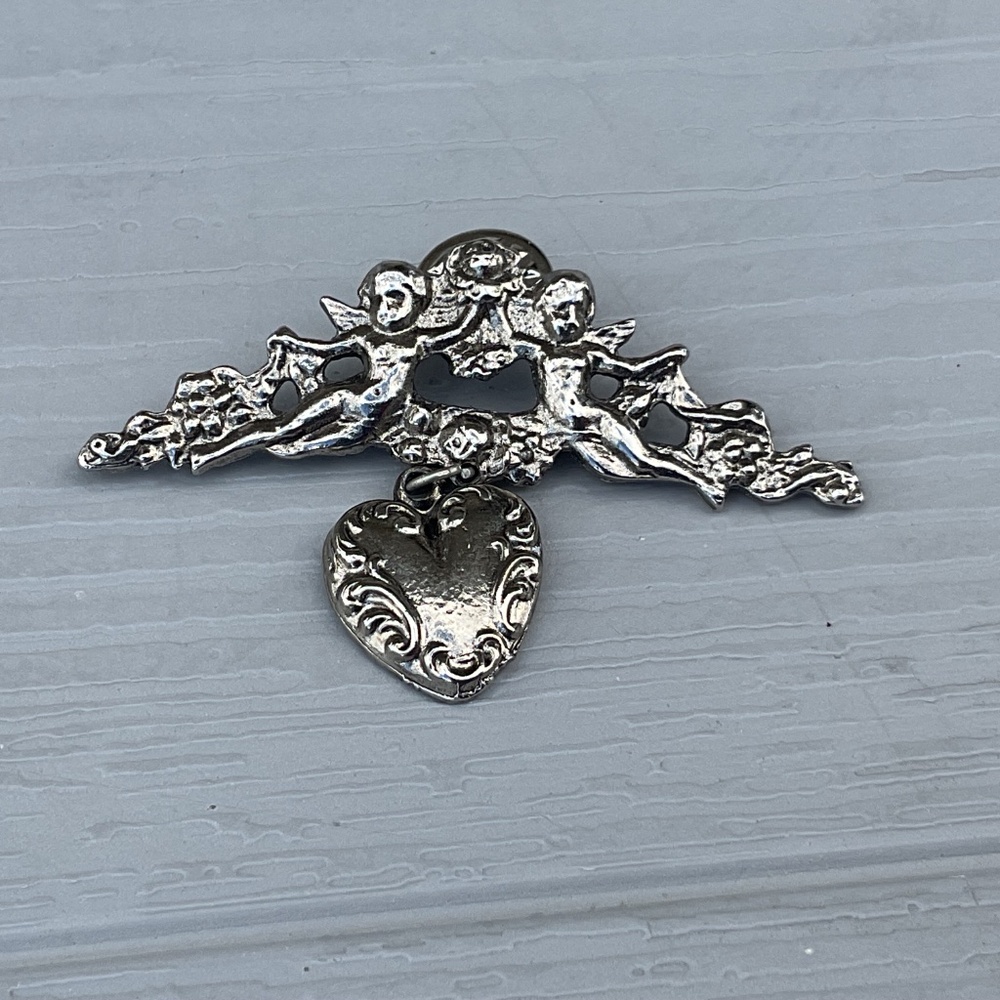Vintage Cherub Pin Silvertone tac pin dangle heart 3” long - Picture 3 of 8